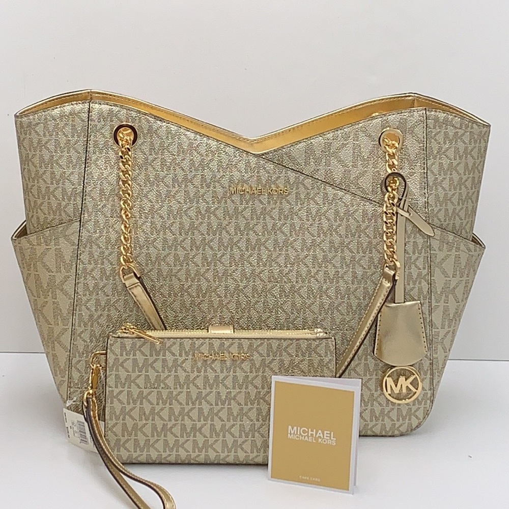 Michael Kors Large X Chain Sholder Tote & Large Double Zip Wallet Pale Gold